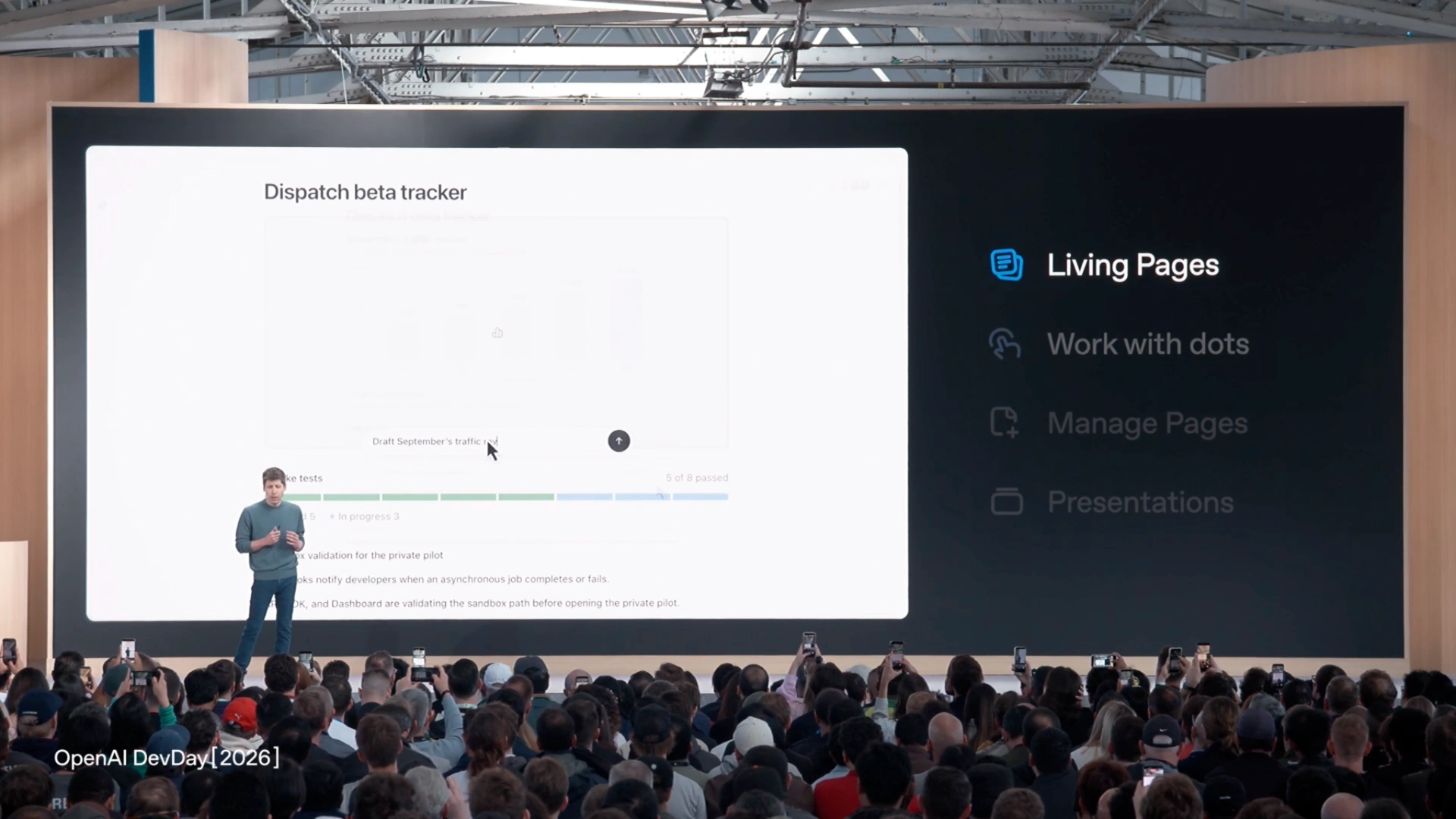 A Dispatch beta tracker page and Living Pages menu shown in the Space keynote presentation.