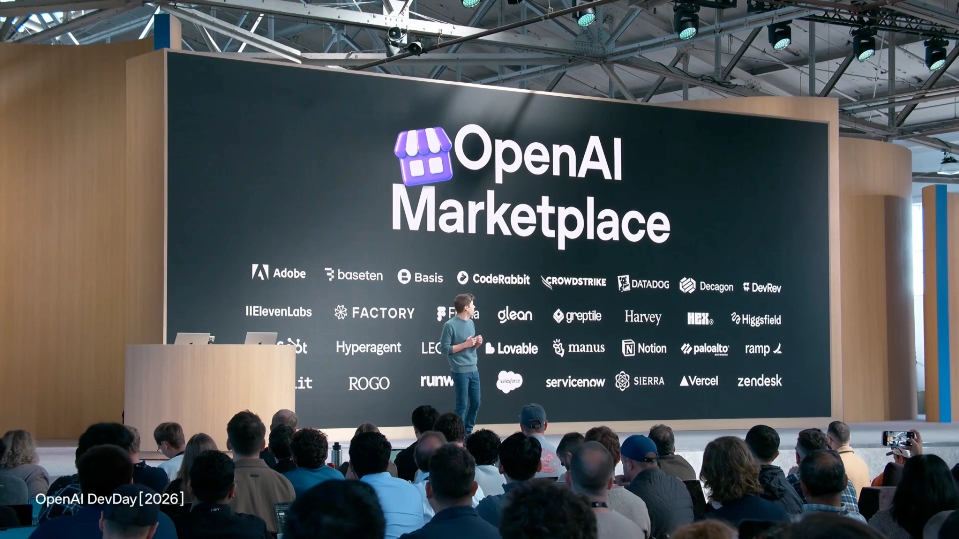 The OpenAI Marketplace presentation screen displays participating enterprise partners.