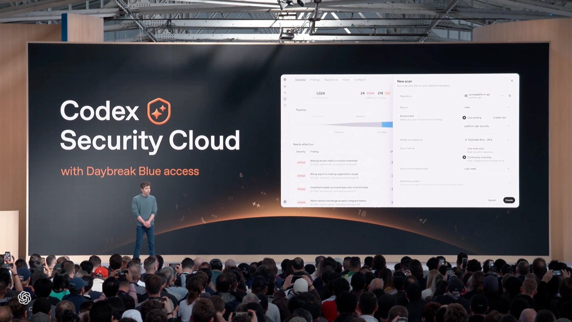 The Codex Security Cloud slide shows Daybreak Blue access and a vulnerability scanning interface.