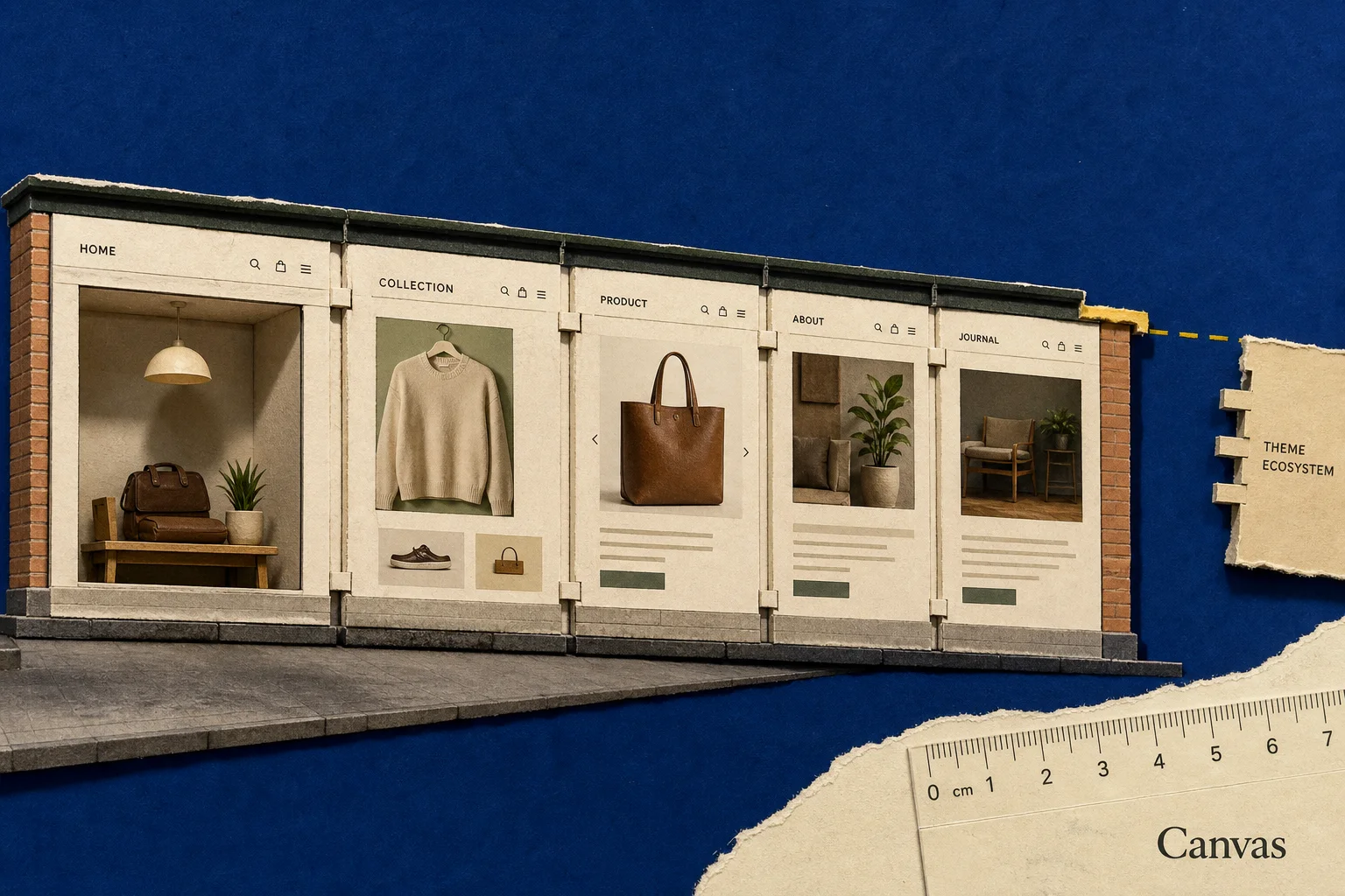 Editorial illustration supporting Shopify Adds AI Store Design With Canvas, but Leaves Key Theme Features Unsupported