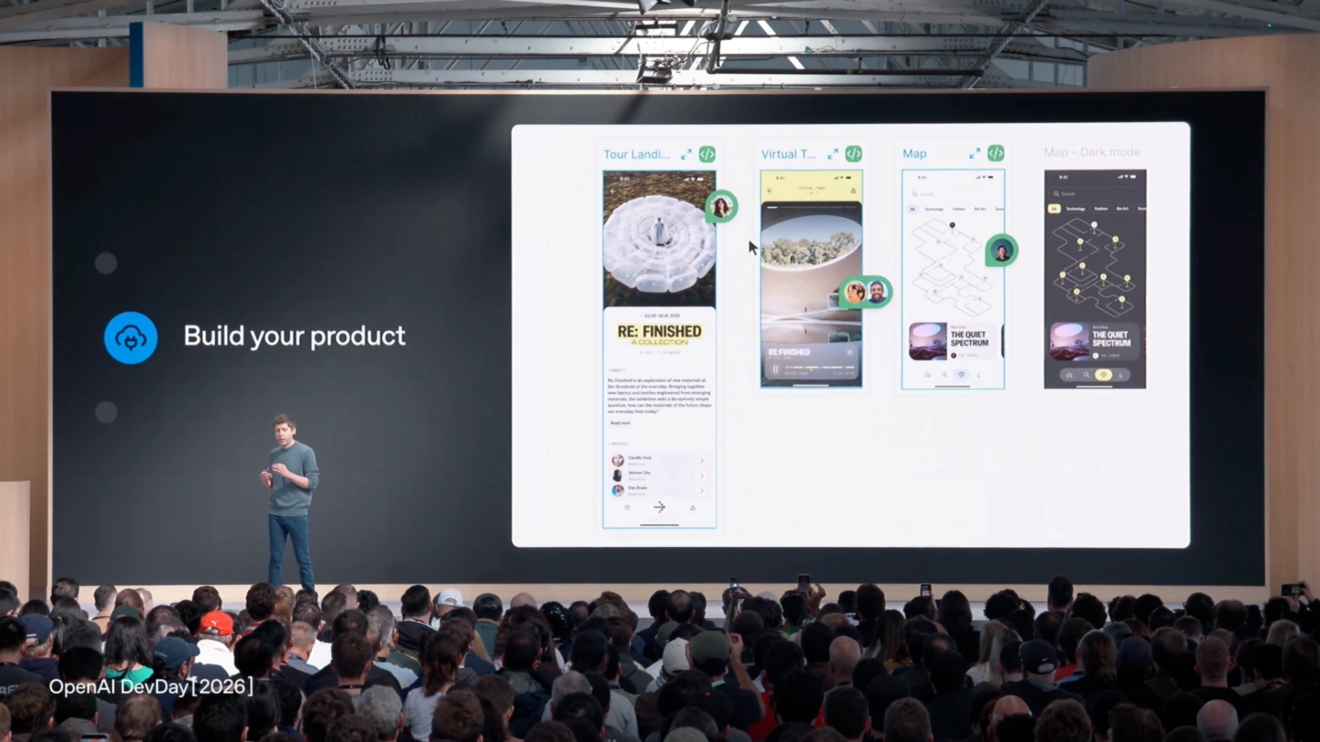 Mobile product mockups shown during the Figma plugin segment of the DevDay keynote.