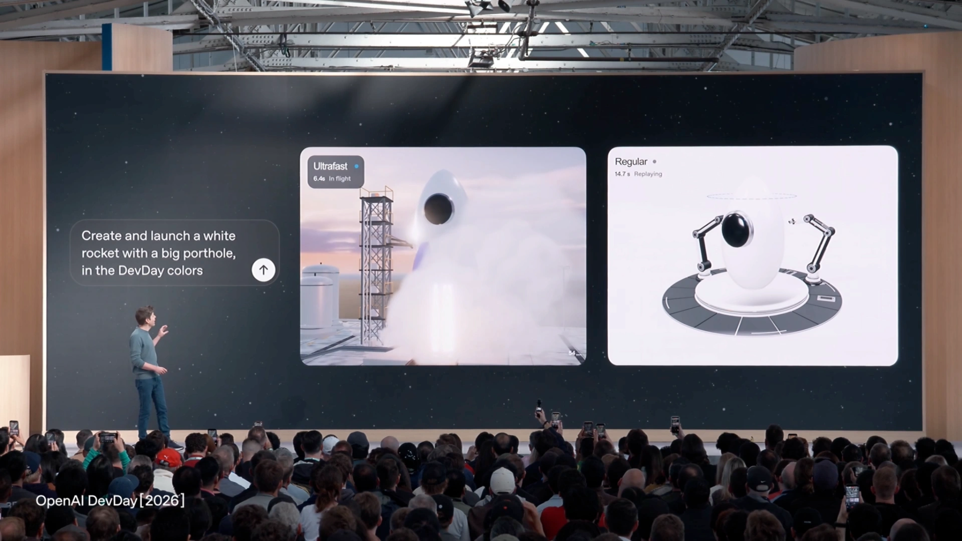 The keynote compares Ultrafast and Regular generation using two rocket scenes from the same prompt.