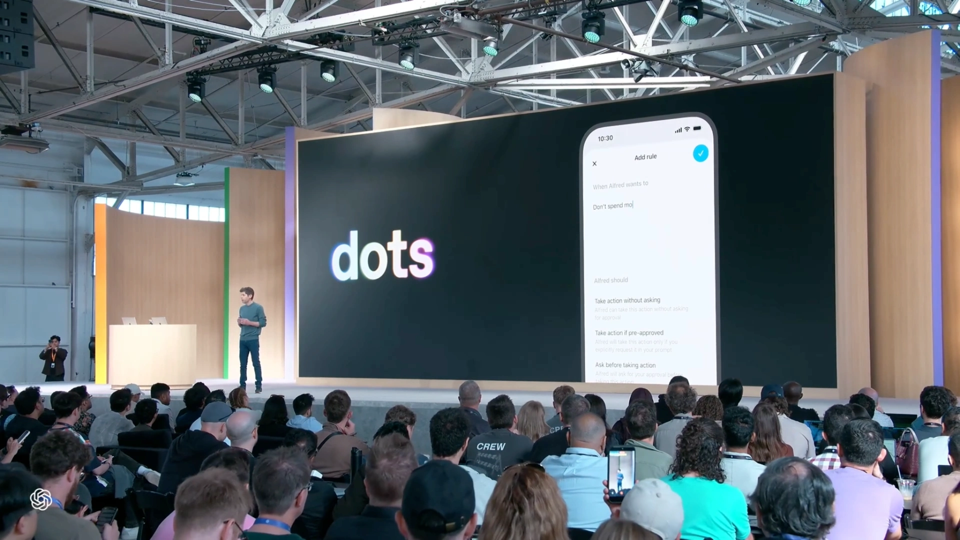 The DevDay keynote screen shows Dots action rules and approval choices.